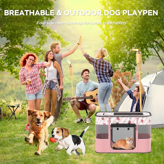 Portable Pet Playpen, Cat Playpen for Indoor Cats Enclosed，Kitten Playpen Indoor with Resistant Breathable Shade Cover,Indoor Outdoor Use for Small Medium Pet (M, Pink)