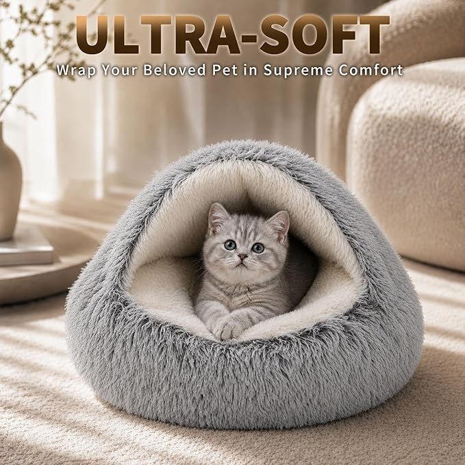 ShinHye Cozy Cat Bed - Round Plush Fluffy Hooded Cave, Indoor/Outdoor, Waterproof & Washable, Calming Anti-Anxiety Design - 23x23 Inch, Grey