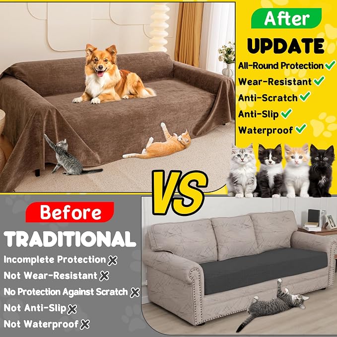 Loiion Cat Scratch Proof Furniture Protector Waterproof Sofa Cover 134"x91" | Pet-Friendly Couch Protector, Anti-Scratch & Anti-Slip Sofa Cover For Cats Dogs Kids, Machine Washable