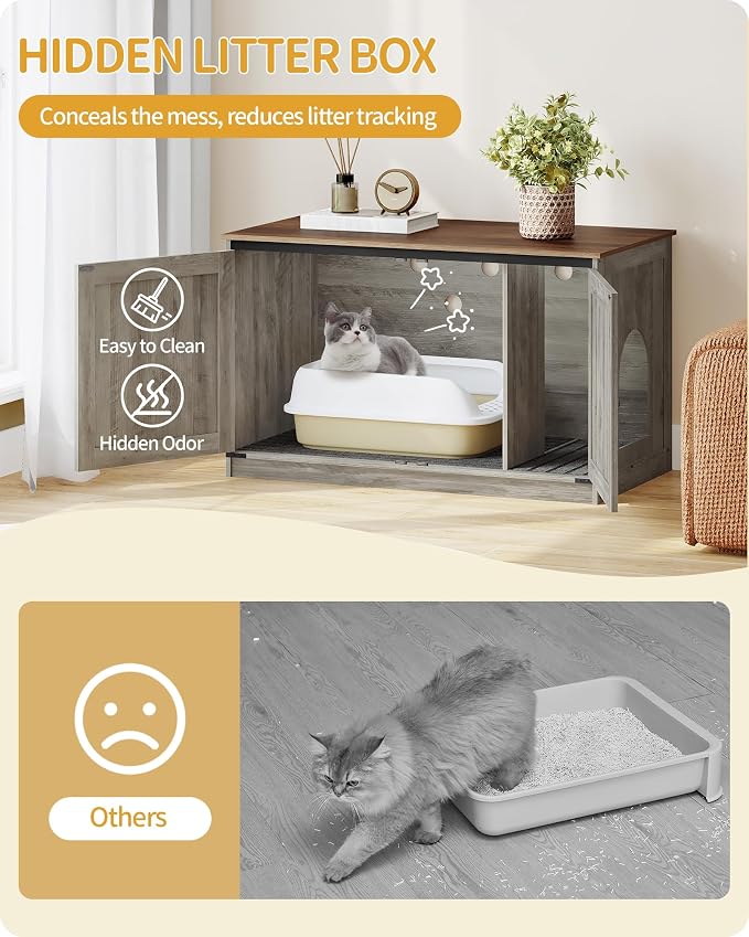 Hzuaneri Cat Litter Box Enclosure, Hidden Litter Box Furniture with Divider | Wooden Cat Cabinet with Removable Dividers, Reversible Entrance Left or Right Side, Cat Washroom, Greige CB84705X