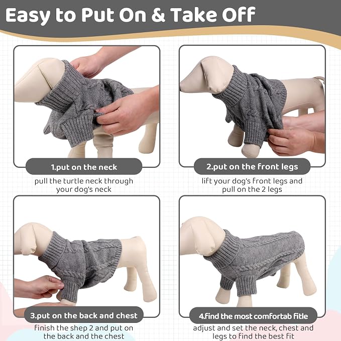 Queenmore Small Dog Pullover Sweater, Cold Weather Cable Knitwear, Classic Turtleneck Thick Warm Clothes for Chihuahua, Bulldog, Dachshund, Pug (Slate Grey, Medium)