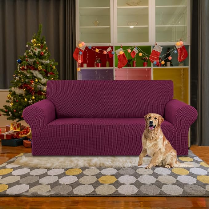 Stretch Loveseat Couch Cover, 2 Cushion Couch Slipcover,Wine | 1-Piece Washable Sofa Cover Pet Friendly (55"-78") Furniture Protector Soft Jacquard, Elastic Bottom for Dogs & Kids