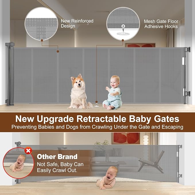 Miumoon 150 inch Reinforced Retractable Baby Gates 42 inch Tall | Retractable Dog Gate with No Crawl Through Reinforced Strip, 12 FT Extra Wide Retractable Gate for Indoor/Outdoor
