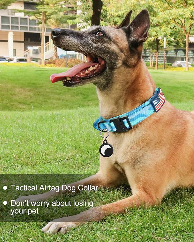 Hotsky Tactical Dog Collar, Adjustable Military Training Nylon Airtag Collar with Handle and Heavy Duty Metal Buckle for Medium Large Dogs, with Airtag Holder and Two Patches（Blue Camo,XL）
