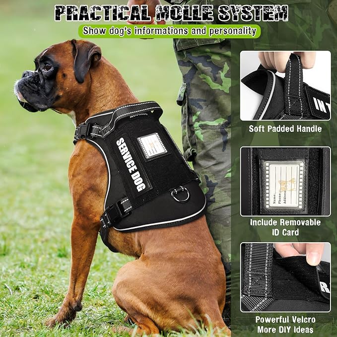 Tactical Dog Harness and Leash Set with 10 Patches for Large Dogs | Heavy Duty No Pull Service Dog Vest with Dog Seat Belt,Padded Handles,Adjustable Reflective for Training Hiking Black XL