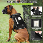 Tactical Dog Harness and Leash Set with 10 Patches for Large Dogs | Heavy Duty No Pull Service Dog Vest with Dog Seat Belt,Padded Handles,Adjustable Reflective for Training Hiking Black XL