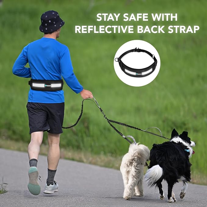 PetAmi Hands Free Double Dog Leash with Padded Lumbar Waist Belt, 360 No-Tangle Swivel Coupler, Bungee Shock Absorbing Dual Leash for Two Dogs Medium Large, Reflective, Black