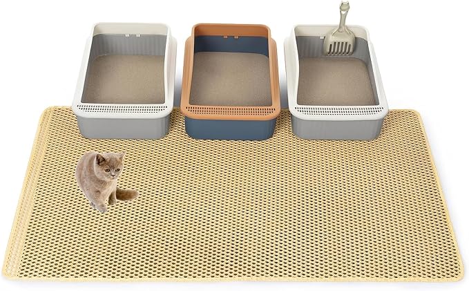XXL Cat Litter Mat Litter Trapping Mat, 47x36in Litter Box Mats Extra Large | 2-Layer Honeycomb Litter Rug with 1.2cm Sifting Holes to Less Mess, Waterproof, Keeps Floor Clean.Mengbu(Khaki:47"x36")