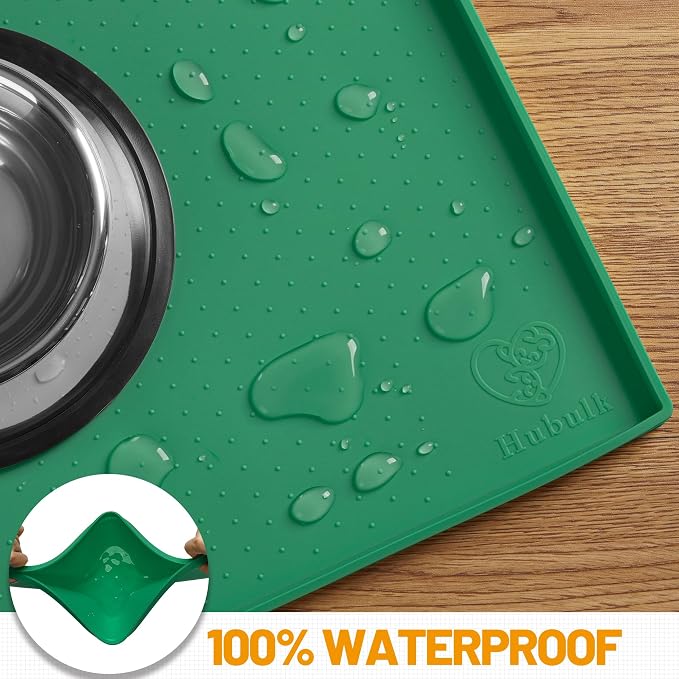 Hubulk Dog Feeding Mat,100% Waterproof Food Grade Silicone Pet Food and Water Bowl Placemat,Dishwasher, High Raised Edge to Prevent Spills,Nonslip Tray to Stop Messes on Floor（28"x18"x0.8",Hunter ）