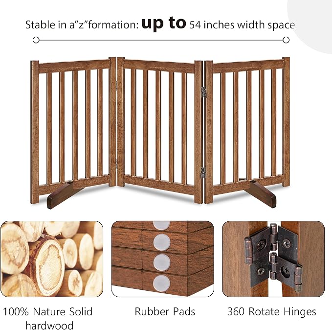 LZRS Freestanding Dog Gate 60" W x 30" H Solid Wooden Pet Gate for Doorways, Stairs & Hallways, Expandable & Foldable with Support Feet，Indoor Use,Oak