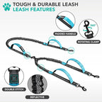 PetAmi Hands Free Double Dog Leash with Padded Lumbar Waist Belt, 360 No-Tangle Swivel Coupler, Bungee Shock Absorbing Dual Leash for Two Dogs Medium Large, Reflective, Turquoise