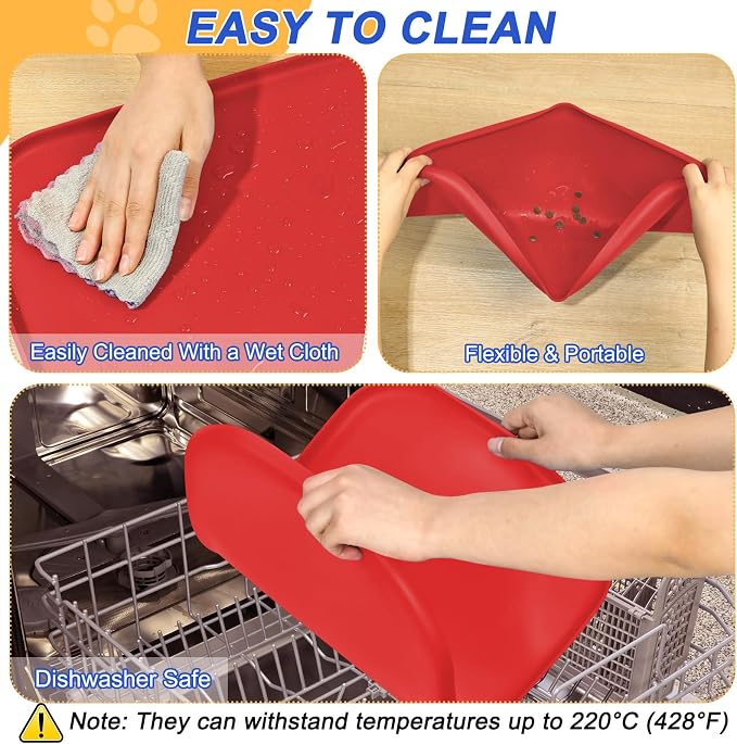 SMILOOL Silicone Pet Food Mat with Raised Edge for Food and Water Bowl, Dog Feeding Mats, Cat Food Trays for Floor Waterproof, Rubber Tray for Dogs and Cats, 22 x 14 x 0.8 Red