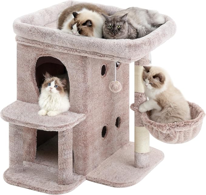 Heybly 26.3" Cat Tree for Large Cats with Big Perch & Dual Condos HCT204SMU | 26.3-inch Spacious Cat Tower with Scratching Posts, Stair-Style Cat House Furniture with Cozy Basket & Pompom, Rosy Brown