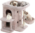 Heybly 26.3" Cat Tree for Large Cats with Big Perch & Dual Condos HCT204SMU | 26.3-inch Spacious Cat Tower with Scratching Posts, Stair-Style Cat House Furniture with Cozy Basket & Pompom, Rosy Brown