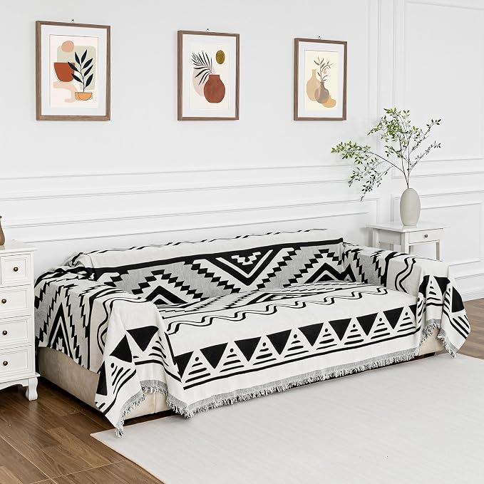 MYSKY HOME Boho Couch Cover for Dogs Washable Black Rhombic Couch Sofa Protector Cats Pets Friendly Chenille Geometric Sofa Covers Soft Durable Farmhouse Sofa Slipcovers, 71" X102"