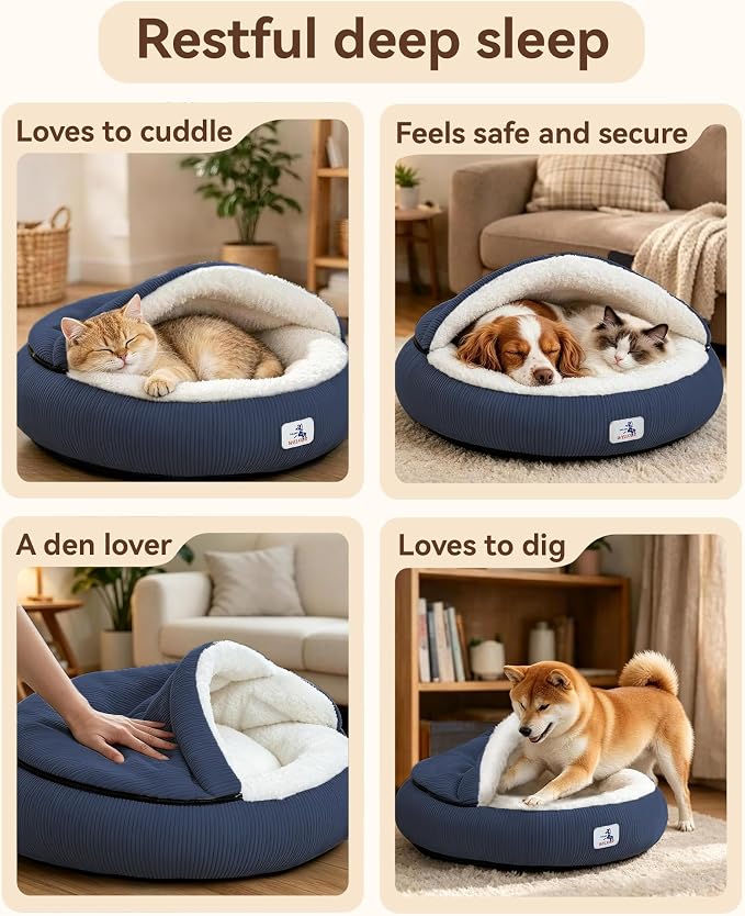 Calming Cozy Dog Cave Cover Bed, Small Doggy Anti Anxiety, Washable | Not Collapsing, Stand Up Hooded Cover, Cozy Round Fluffy Cocoon Beds Medium Cat, 2 in 1 Removable, Neck Support, Blue
