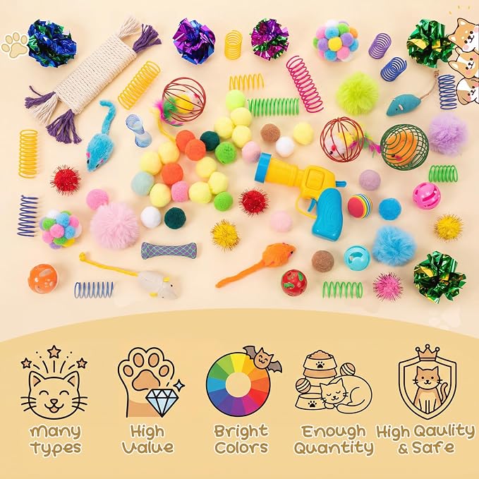 Leitee 100 Pcs Cat Toys Variety Pack with 1 Gift Storage Bag, Interactive Cat Play Assortment Set for Indoor Kitten, Colorful Springs, Mouse Toys, Chew Ropes, Balls, Bells & Sisal Ball(Ball Toy)