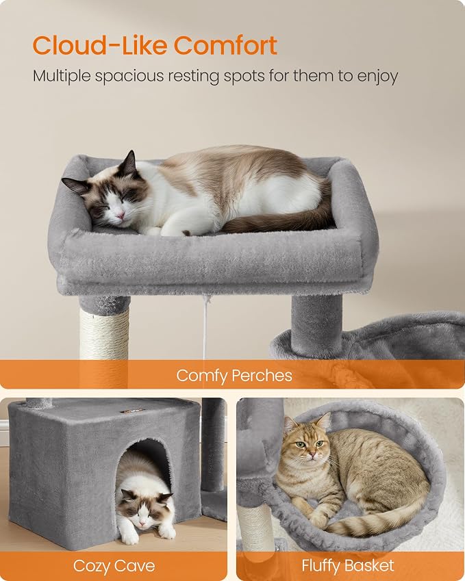Feandrea Cat Tree, Cat Tower Condo Scratching Posts and Ramp, Dove Gray | 2 Large Perches, Cave, Basket, 33.8 Inches Tall, A Little Ball Dove Gray