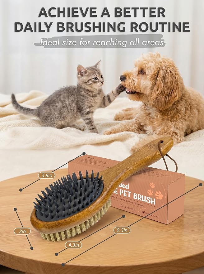 TAKAVU Short Hair Dog & Cat Deshedding Brush, Double-Sided Silicone Bristle | Grooming Brush for Pets, Gentle on Sensitive Skin, Wooden Handle, Reduces Shedding