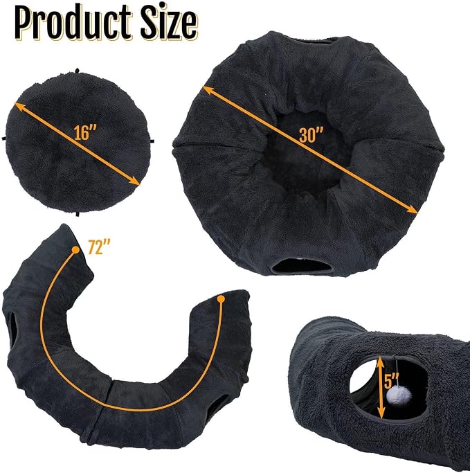Cat Tunnel Bed with 2 Catnip Fish Toys (1000mg Natural Catnip) Interactive Cat Toys, Cat Tubewith Kitten Toys for Indoor Kittens, Collapsible Play Tunnel, Dark Grey
