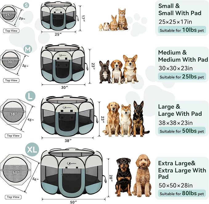 Siedihit Large Dog Cat Playpen, Puppy Pet Playpen Indoor for Dog Crate Tent Cage Outdoor, Portable Pop Up Dogs Enclosure Kennel with Carrying Case for Dogs/Cats/Rabbits, Grey