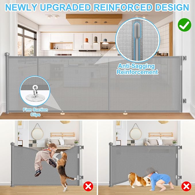 EZIGO 196 Inch Retractable Baby Gates, 41 Inch Extra Tall Retractable Gate | Reinforced Retractable Dog Gate with Rods, 16.3FT Extra Long Mesh Pet Gate for Stairs Hallways Doorway Indoor Outdoor, Gray