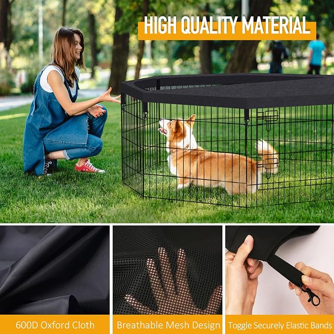 Artmalle Dog Playpen Top Cover Only, 8-Panel 24-Inch Octagonal Mesh, Black | Mesh top cover fits most 8-panel, 24-inch-wide octagonal dog pens, adding shade, airflow and jump-out protection. Cover only.