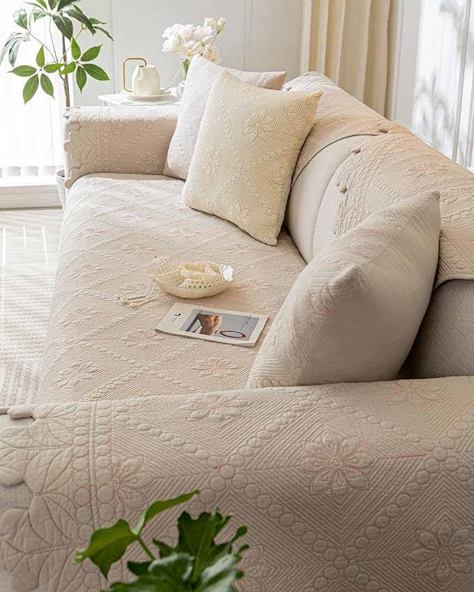 Cotton Quilted Dog Couch Cover for Sofa Farmhouse Rustic Embroidery Sectional Couch Cover Soft Anti-Slip Sofa Slipcover Furniture Protector for Kids, Pets (Khaki,43"x63")