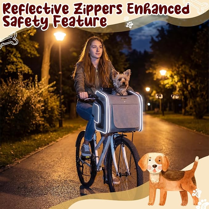 DaisyInner Dog Basket for Bike, Expandable Pet Carrier with Cooling Mat for Bicycle Handlebar, 2 Mesh Doors, Reflective Strips, Soft-Sided Travel Bag for Small & Medium Pet up to 8 kg(Gray)
