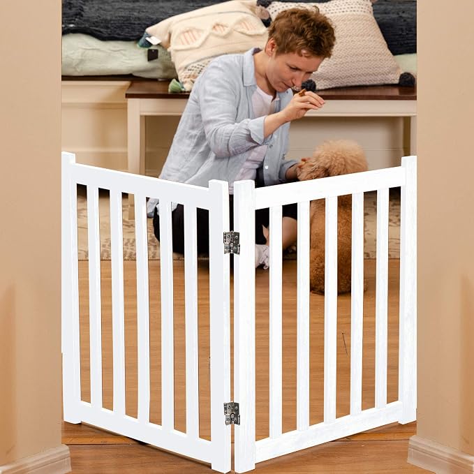 LZRS Wooden Free Standing Foldable Dog Gate Indoor – Solid Hard Wood 40" W x 24" H, Step-Over Safety Pet Gate for Doorways, Stairs & Small Spaces - Indoor Use, White