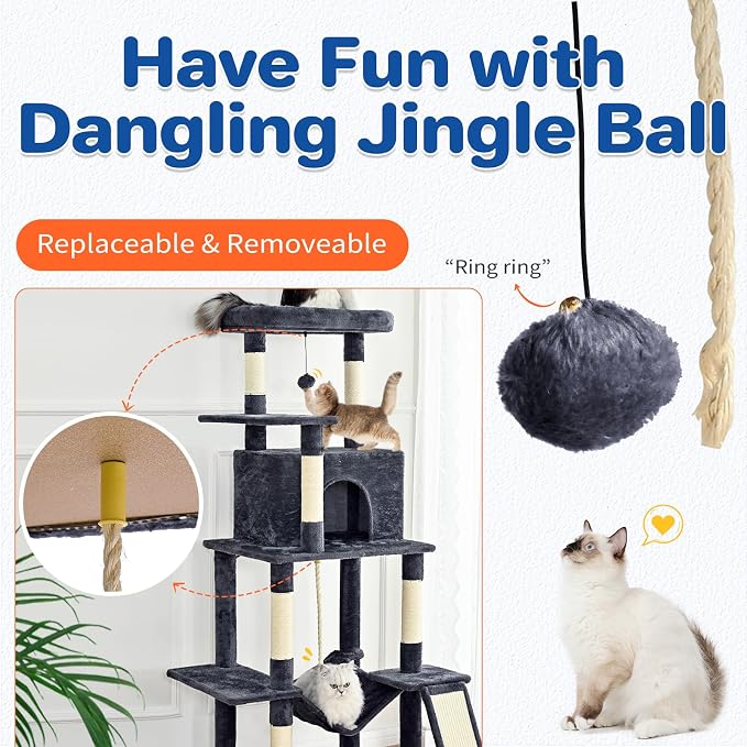 ABCPET 63" Multi-Level Cat Tree Tower for Indoor Cats, Dark Grey | 63" multi-level cat tower with sisal scratch posts, cat condo, hammock, dangling toy & wide perch for indoor cat rest & play