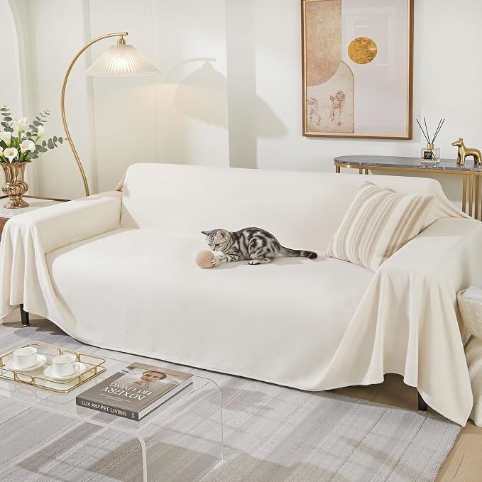 Couch Cover for 3 Cushion Sofa Washable, Cat Scratch Proof Sofa Covers, Furniture Protector L Shape Sofa Slipcovers Soft Sectional Couch Covers for Dogs, 71" x 134", Creamy White