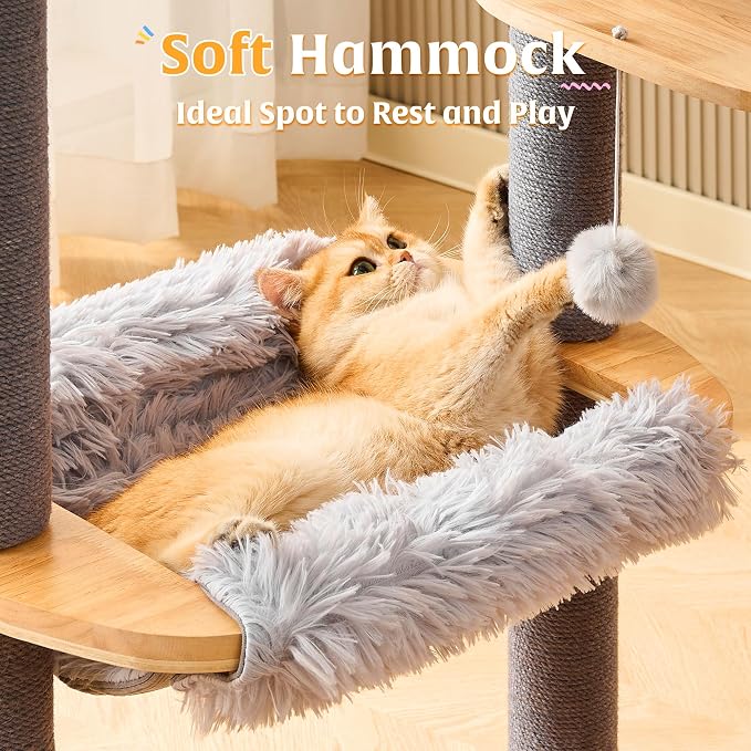 HITTITE Solid Wood Cat Tree Tower with Scratching Post, 53 Inches Tall Cat Towers with Scratching Board and Scratcher Ball, Modern Cat Tower with Space Capsule and Removable Top Bed for Indoor Cats