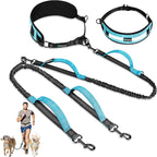 PetAmi Hands Free Double Dog Leash with Padded Lumbar Waist Belt, 360 No-Tangle Swivel Coupler, Bungee Shock Absorbing Dual Leash for Two Dogs Medium Large, Reflective, Turquoise