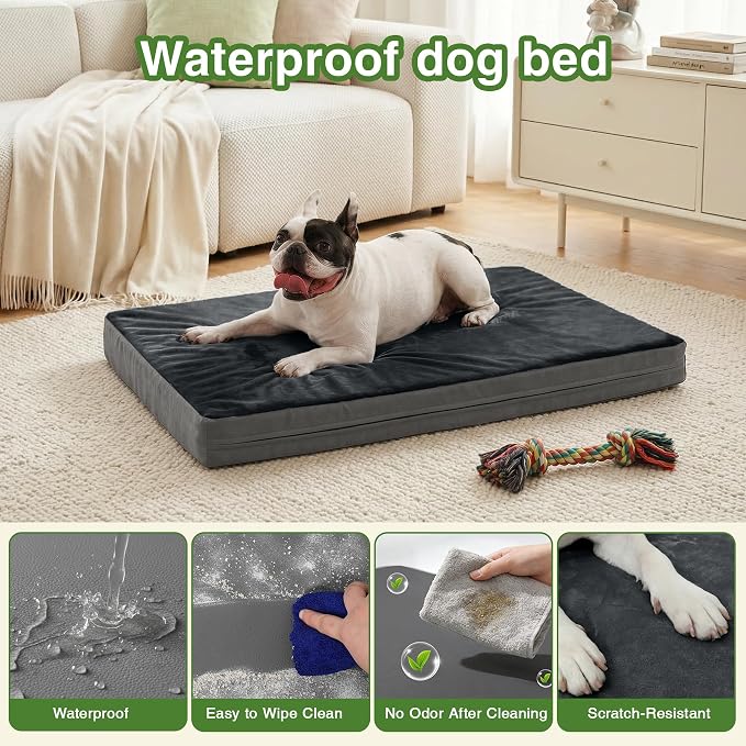 Waterproof Small Dog Bed Crate Pad 24", Washable Orthopedic Puppy Cat Mat | Outdoor Pet Bed Foam, Reversible Faux Leather & Flannel, Durable Removable Cover, Anti-Slip Kennel Pad 23"x17" Dark Gray