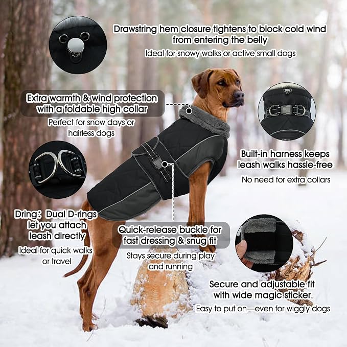 QBLEEV Warm Dog Jacket - Reflective, Adjustable Winter Coat with Turtleneck for Cold Weather, Waterproof Fleece Snowsuit for Small, Medium, Large Dogs