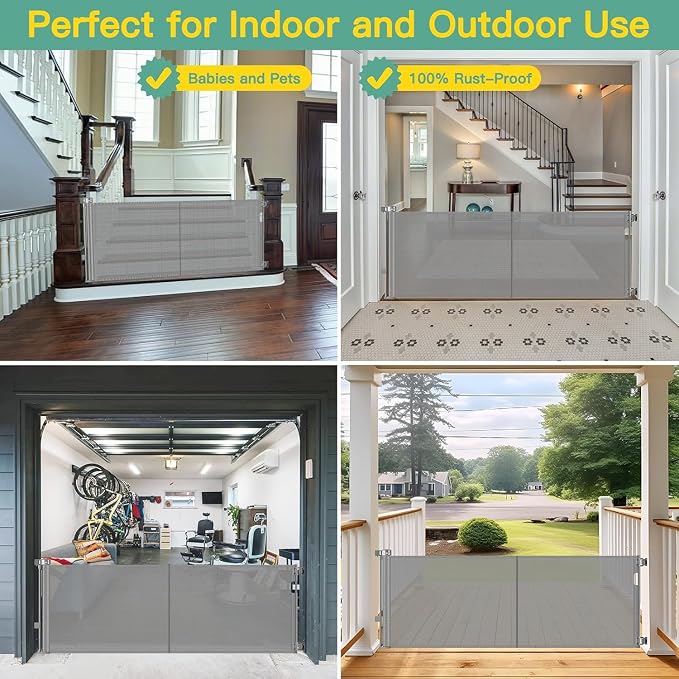 Upgraded 60" Wide Retractable Dog Gate with Reinforced Rods - Bottom Anti-Escape, 5 ft Retractable Baby Gates for Doorways Retractable Gates for Dogs Indoor/Outdoor Retractable Pet Gate, Gray | Space-Saving Indoor/Outdoor Retractable Gate, One-Hand Ope...