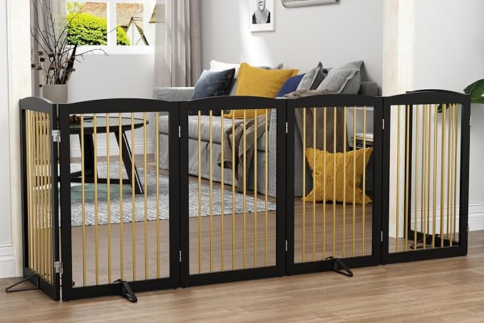 PUPETPO Freestanding Pet Gate for Dogs, Indoor Wooden Dog Gate for House, Extra Wide Foldable Dog Gate for Stair, Doorway, Hall, Support Feet Included, 120 Inch Wide, 6 Panels 32",Black&Gold