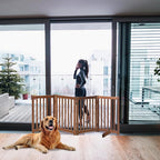 LZRS Freestanding Extra Wide Dog Gate 80" W x 30" H Solid Wooden Pet Gate for Doorways, Stairs, Hallways,Kitchens& Long Areas, Expandable & Foldable with Support Feet,Indoor Use,Oak
