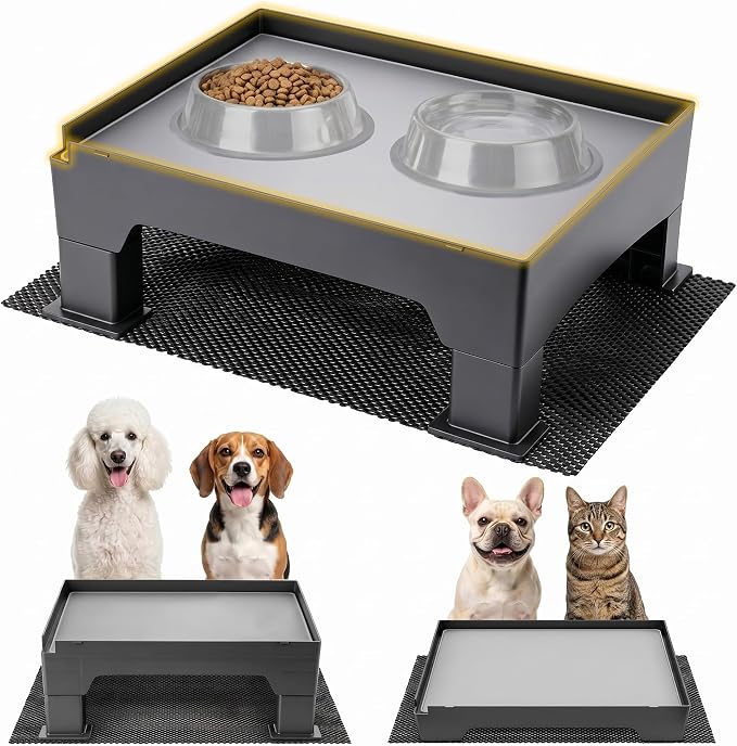 Elevated Dog Bowl Stand and Waterproof Non Slip Mat,1 Set,No Absorbent Pad | Reduce Neck, Joint and Spinal Strain, Sturdy Legs, Easy Clean Silicone Pet Food Mat, For Small & Medium Dogs, Cats