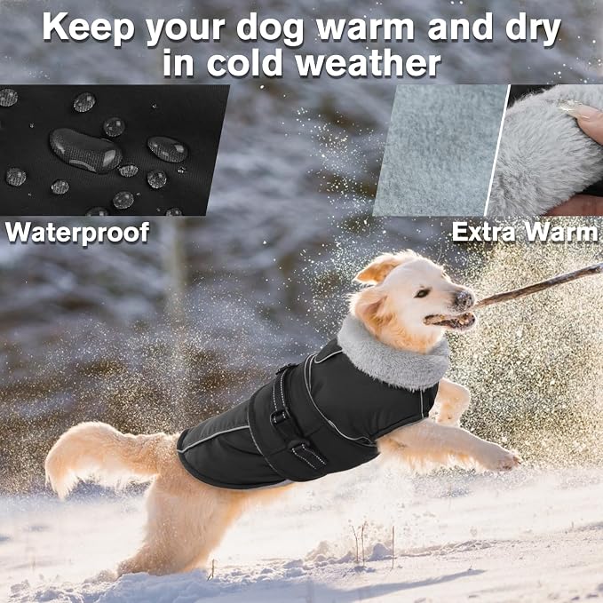 Lelepet Warm Dog Coat Adjustable Dog Fleece Vest Waterproof Jacket for Dogs | Windproof Winter Cold Weather Coats with Adjustable Buckle & Leash Hole Reflective Jackets for Large Dogs, Black, L