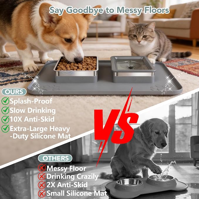 Dog Bowl Set, No Spill Dog Water and Food Bowl with Silicone Mat | Large Capacity 304 Stainless Steel Bowls, 2-In-1 Set, Slows Drinking, Anti-Slip Silicone Feeding Mat, Home/Travel, 6-7 Cups