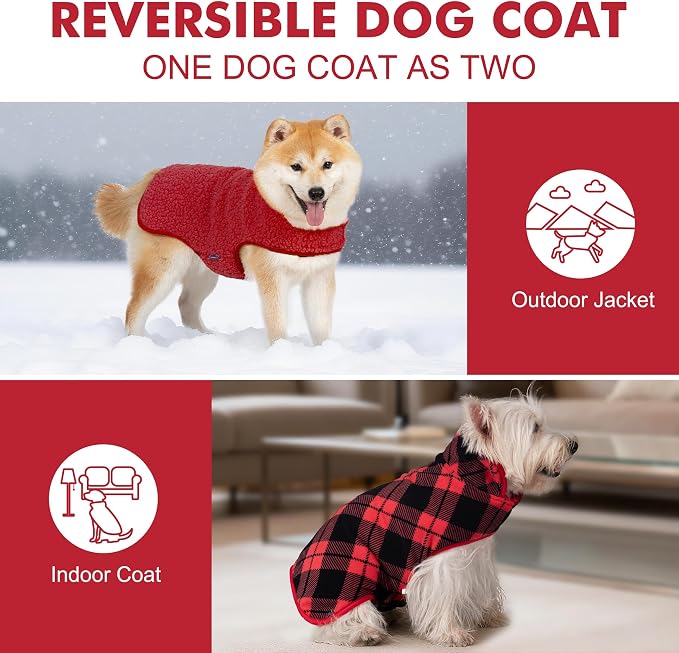 cyeollo 3XL Dog Coat, Fleece Sherpa Winter Sweater Coats, Turtleneck Dog Jacket Vest for Large Dogs with Leash Hole, Soft Reversible Pet Coats for Cold Weather, Buffalo Plaid XXXL