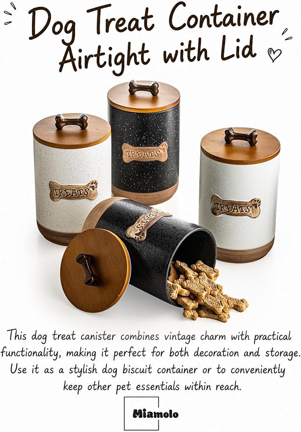 Miamolo Dog Treat Container Jar, Ceramic Airtight Dog Food Storage Container with Lid and Handle, Dog Treats Cookie Snack Jar Canister for Kitchen Counter, Gift for Dog Owners, Bone Glinting Black