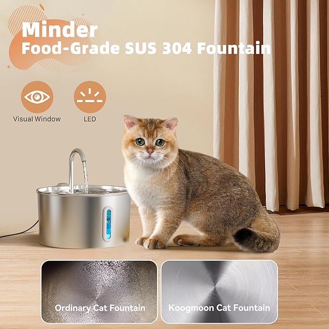 74oz Cat Water Fountain Stainless Steel for Drinking(6 Filters 3 Sponges) | 2.2L Pet Water Fountain for Cats Inside, Automatic Cat Water Dispenser Bowl, with Faucet Water Level Window, Ultra Quiet Pump