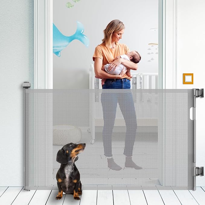 Retractable Baby Gate, Mesh Baby Gate or Mesh Dog Gate, 33" Tall Extends up to 55" Wide, Child Safety Gate for Doorways, Stairs, Hallways, Indoor/Outdoor (Grey, 86CMx140CM)