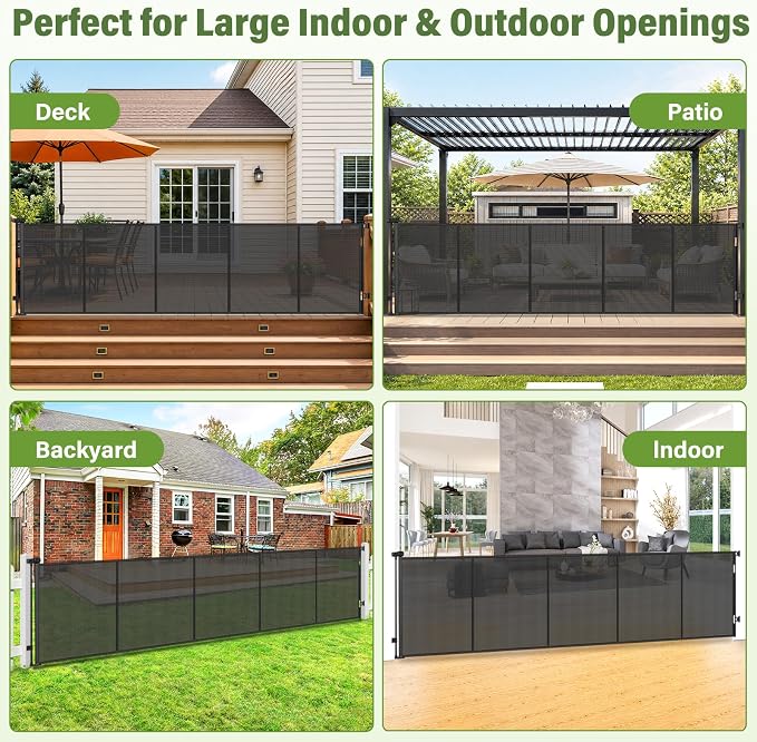 48" Tall 150" Wide Outdoor Retractable Gate for Dogs, All-Weather Resistant | Rustproof Stainless Steel Hardware, Reinforced Tall Retractable Baby Gates Outdoor Retractable Fence, Easy Install, Black