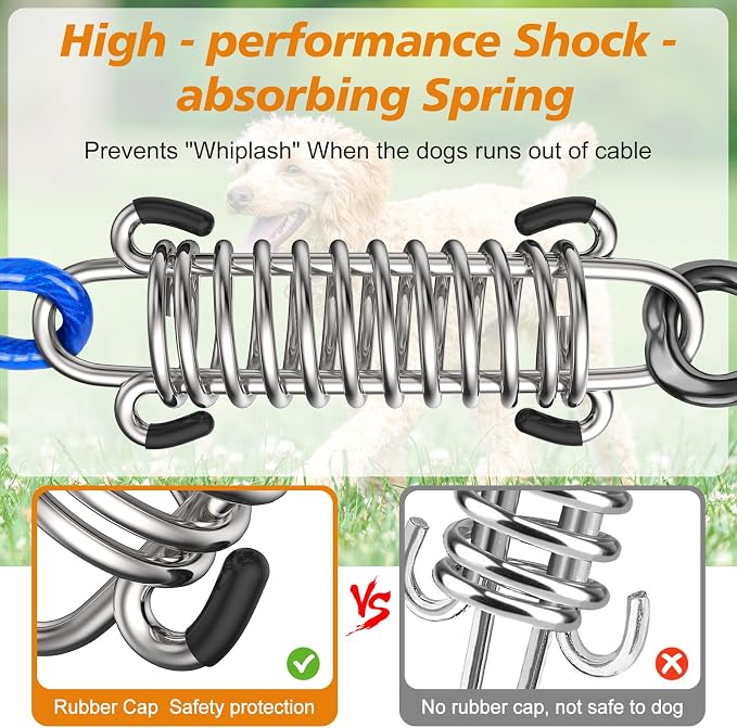 40FT Dog Tie Out Cable Lead with Shock Spring for Medium Large Dogs | Shock-Absorbing; 500LBS Tensile Strength; Strong Stainless Steel Core; 360° Swivel Locking Hook; Anti-Rust Vinyl Coating