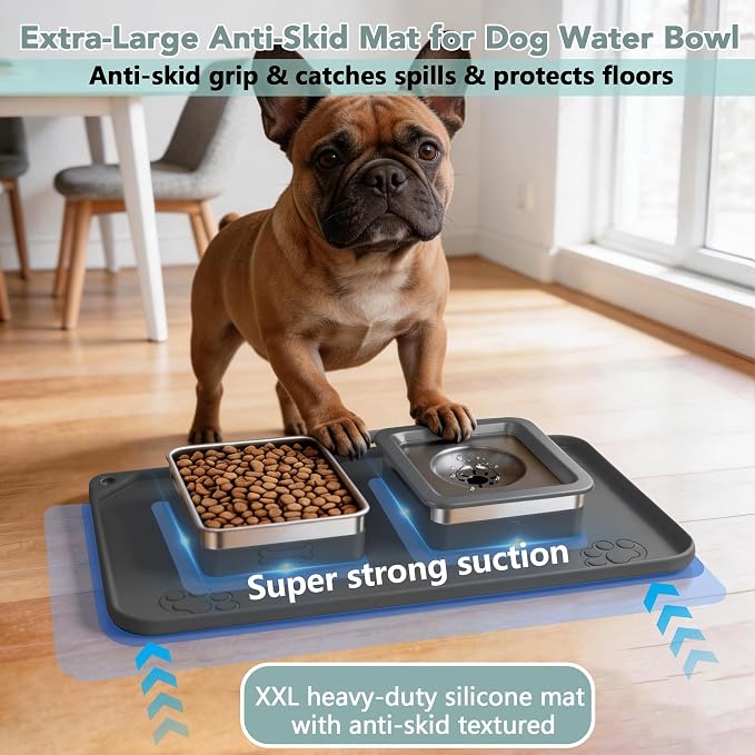 Dog Bowl Set, No Spill Dog Water and Food Bowl with Silicone Mat | Large Capacity 304 Stainless Steel Bowls, 2-In-1 Set, Slows Drinking, Anti-Slip Silicone Feeding Mat, Home/Travel, 6-7 Cups