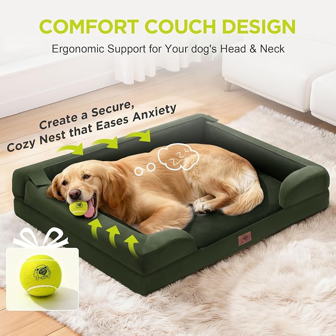 Waterproof Orthopedic Dog Bed for Extra Large Sized Dogs | Memory Foam Pet Bed Sofa with Bolster, Dog Couch with Washable Cover & Non-Slip Bottom, 42x30 Inch, Oliva Green